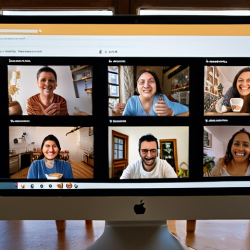 A diverse group of remote team members participating in a joyful virtual 'coffee break' or 'game Friday' via video call. Each person is in a cozy, personalized home or cafe setting, with subtle elements like Portuguese 'azulejos' or a view of a Lisbon street outside a window. Their faces express warmth, connection, and camaraderie, transcending the digital screen. The scene highlights the importance of virtual rituals in building strong, human bonds. Soft, inviting lighting. Detailed, high-quality photograph.