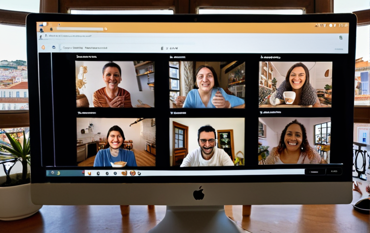 A diverse group of remote team members participating in a joyful virtual 'coffee break' or 'game Friday' via video call. Each person is in a cozy, personalized home or cafe setting, with subtle elements like Portuguese 'azulejos' or a view of a Lisbon street outside a window. Their faces express warmth, connection, and camaraderie, transcending the digital screen. The scene highlights the importance of virtual rituals in building strong, human bonds. Soft, inviting lighting. Detailed, high-quality photograph.