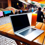 **Digital Nomad**: A person, gender-neutral, in their late 20s/early 30s, intently focused on a sleek laptop. They are seated at a small, rustic wooden table outdoors. The background reveals a vibrant, bustling Moroccan street market, filled with colorful textiles, aromatic spices, and a dynamic flow of people. A glass of exotic fruit juice sits beside the laptop. The lighting is natural and bright, emphasizing a sense of adventure and freedom. The work setup is minimalist, suggesting portability and impermanence. The image captures a blend of productivity and deep cultural immersion, with a wide-angle, cinematic feel.
