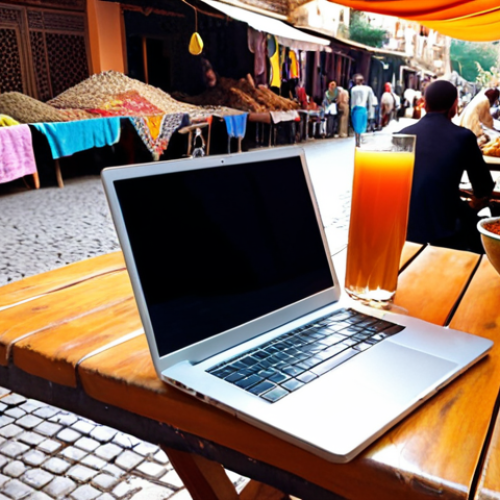 **Digital Nomad**: A person, gender-neutral, in their late 20s/early 30s, intently focused on a sleek laptop. They are seated at a small, rustic wooden table outdoors. The background reveals a vibrant, bustling Moroccan street market, filled with colorful textiles, aromatic spices, and a dynamic flow of people. A glass of exotic fruit juice sits beside the laptop. The lighting is natural and bright, emphasizing a sense of adventure and freedom. The work setup is minimalist, suggesting portability and impermanence. The image captures a blend of productivity and deep cultural immersion, with a wide-angle, cinematic feel.