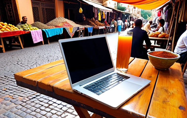 **Digital Nomad**: A person, gender-neutral, in their late 20s/early 30s, intently focused on a sleek laptop. They are seated at a small, rustic wooden table outdoors. The background reveals a vibrant, bustling Moroccan street market, filled with colorful textiles, aromatic spices, and a dynamic flow of people. A glass of exotic fruit juice sits beside the laptop. The lighting is natural and bright, emphasizing a sense of adventure and freedom. The work setup is minimalist, suggesting portability and impermanence. The image captures a blend of productivity and deep cultural immersion, with a wide-angle, cinematic feel.