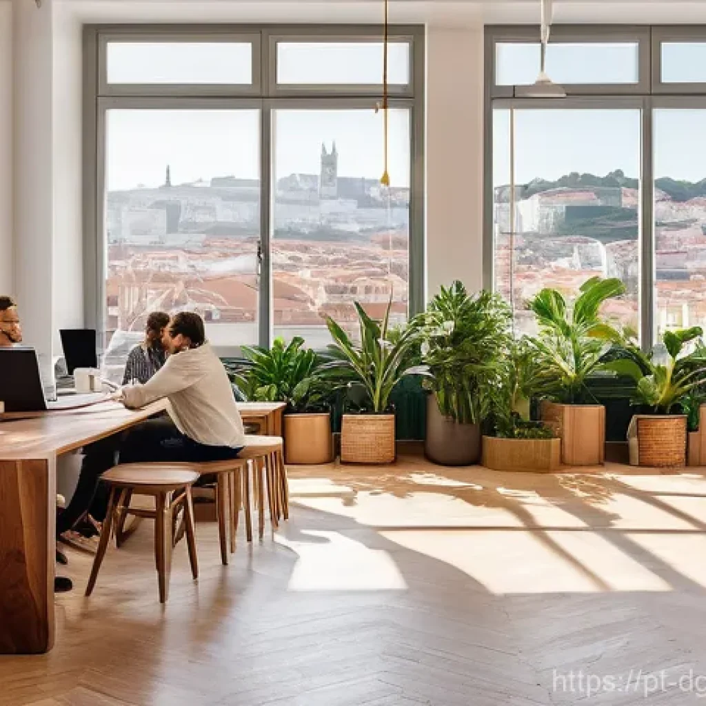 디지털 노마드의 비즈니스 네트워킹 전략 - **A bustling, modern coworking space in a sunlit Lisbon building.** Diverse digital nomads, adults o...