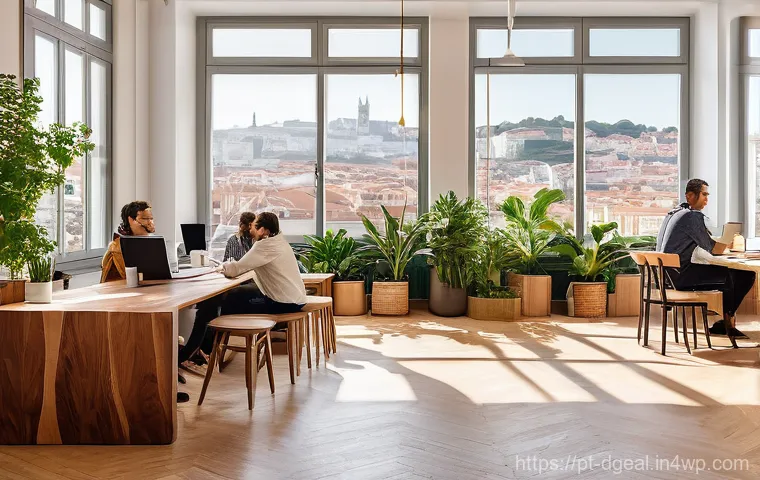 디지털 노마드의 비즈니스 네트워킹 전략 - **A bustling, modern coworking space in a sunlit Lisbon building.** Diverse digital nomads, adults o...