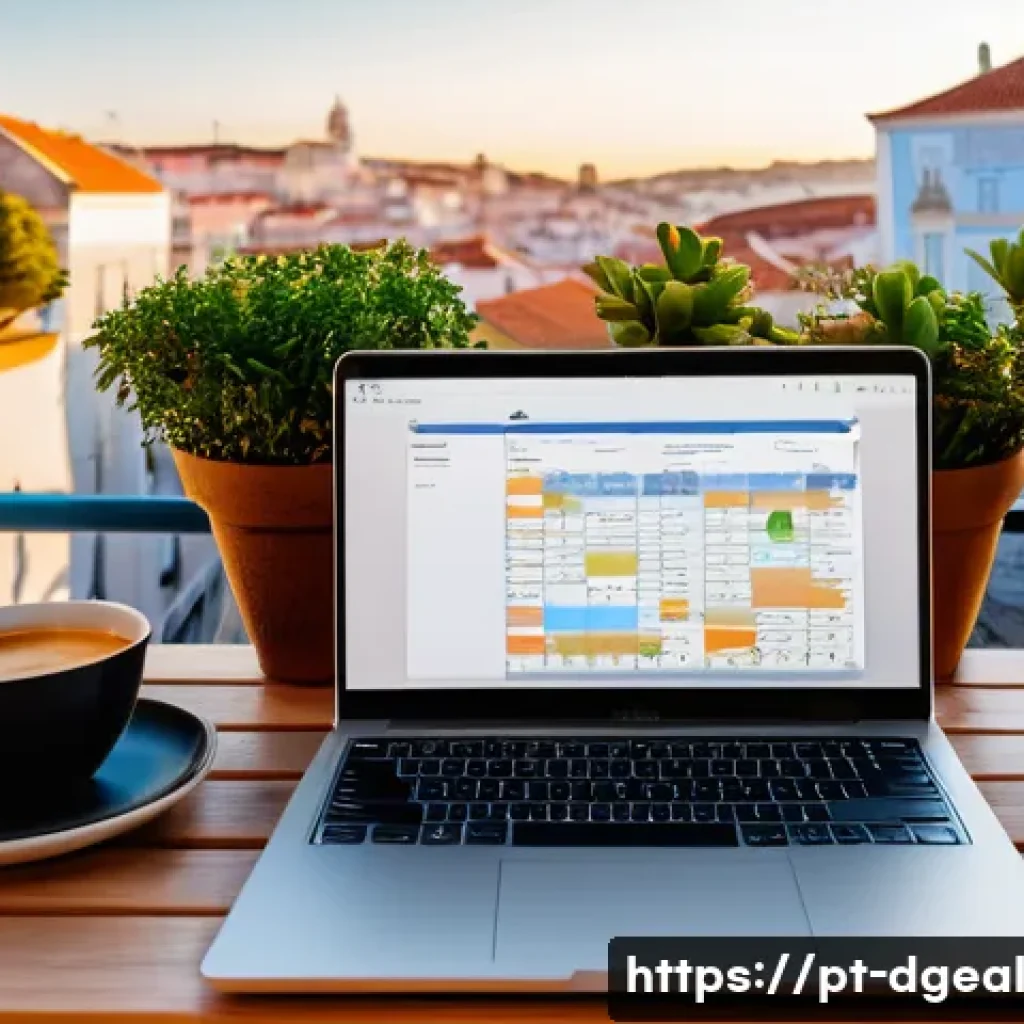 디지털 노마드의 일과 생활 균형 맞추기 - A digital nomad workspace set on a cozy balcony overlooking Lisbon’s colorful tiled rooftops during ...