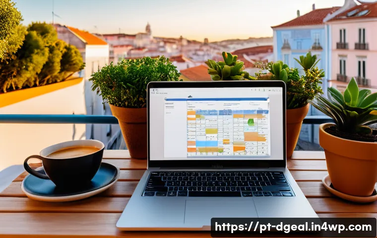 디지털 노마드의 일과 생활 균형 맞추기 - A digital nomad workspace set on a cozy balcony overlooking Lisbon’s colorful tiled rooftops during ...