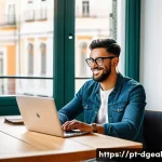 Home 22 디지털 노마드의 비자 및 이민 정책 - A professional remote worker sitting comfortably at a modern coworking space in Lisbon, Portugal, wi...