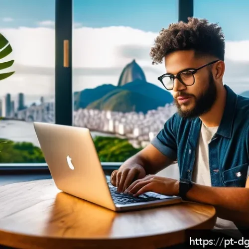 Home 33 디지털 노마드의 소셜 미디어 활용법 - A vibrant digital nomad workspace scene in a cozy Brazilian café, featuring a young professional wit...