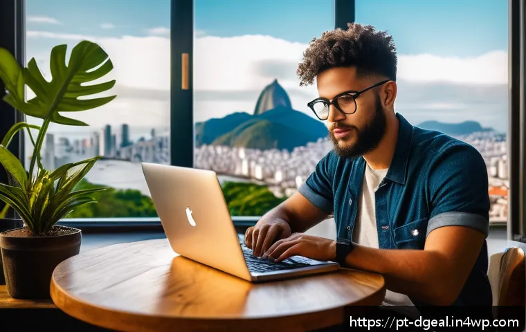 디지털 노마드의 소셜 미디어 활용법 - A vibrant digital nomad workspace scene in a cozy Brazilian café, featuring a young professional wit...