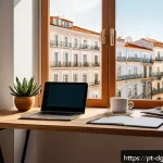Home 20 디지털 노마드의 직무별 스킬셋 - A modern digital nomad workspace set in a cozy Lisbon apartment with warm natural light streaming th...