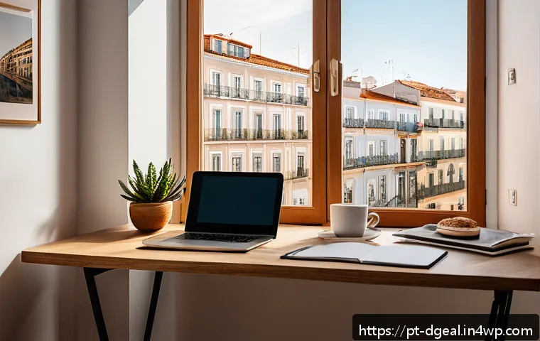 디지털 노마드의 직무별 스킬셋 - A modern digital nomad workspace set in a cozy Lisbon apartment with warm natural light streaming th...