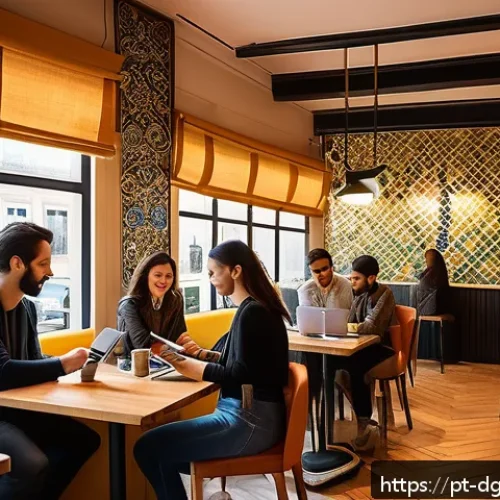 Home 31 디지털 노마드의 문화 교류 활동 - A vibrant Lisbon café scene bustling with diverse digital nomads working on laptops and smartphones,...