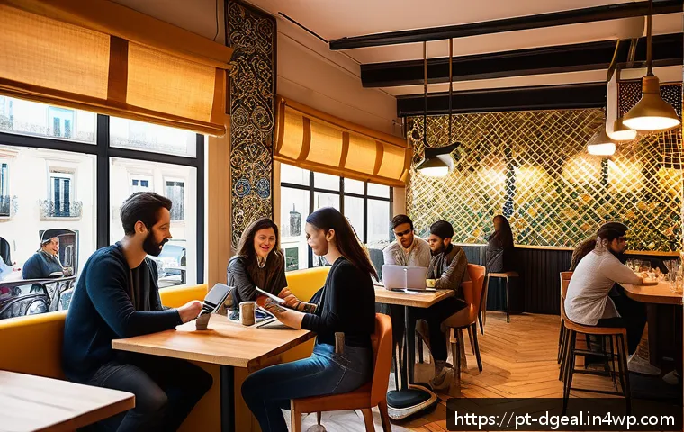 디지털 노마드의 문화 교류 활동 - A vibrant Lisbon café scene bustling with diverse digital nomads working on laptops and smartphones,...