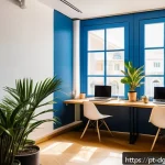 Home 18 디지털 노마드의 기획 및 실행 전략 - A cozy digital nomad workspace inside a modern coworking space in Lisbon, Portugal, featuring natura...