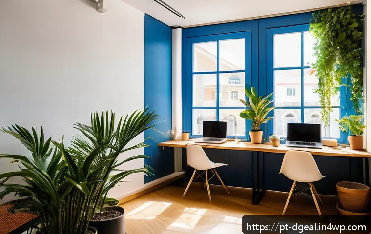 디지털 노마드의 기획 및 실행 전략 - A cozy digital nomad workspace inside a modern coworking space in Lisbon, Portugal, featuring natura...