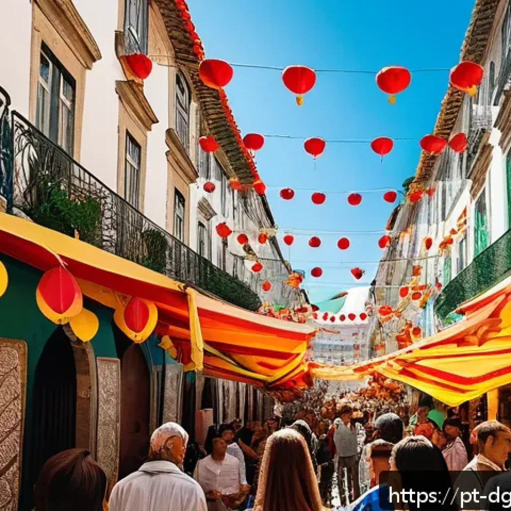 디지털 노마드의 언어 학습 방법 - A vibrant street scene in Lisbon during a traditional festival, showing diverse groups of people int...