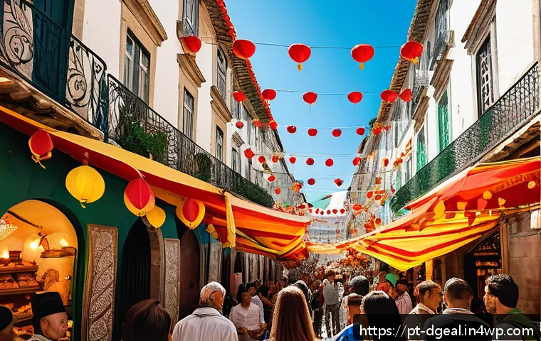 디지털 노마드의 언어 학습 방법 - A vibrant street scene in Lisbon during a traditional festival, showing diverse groups of people int...