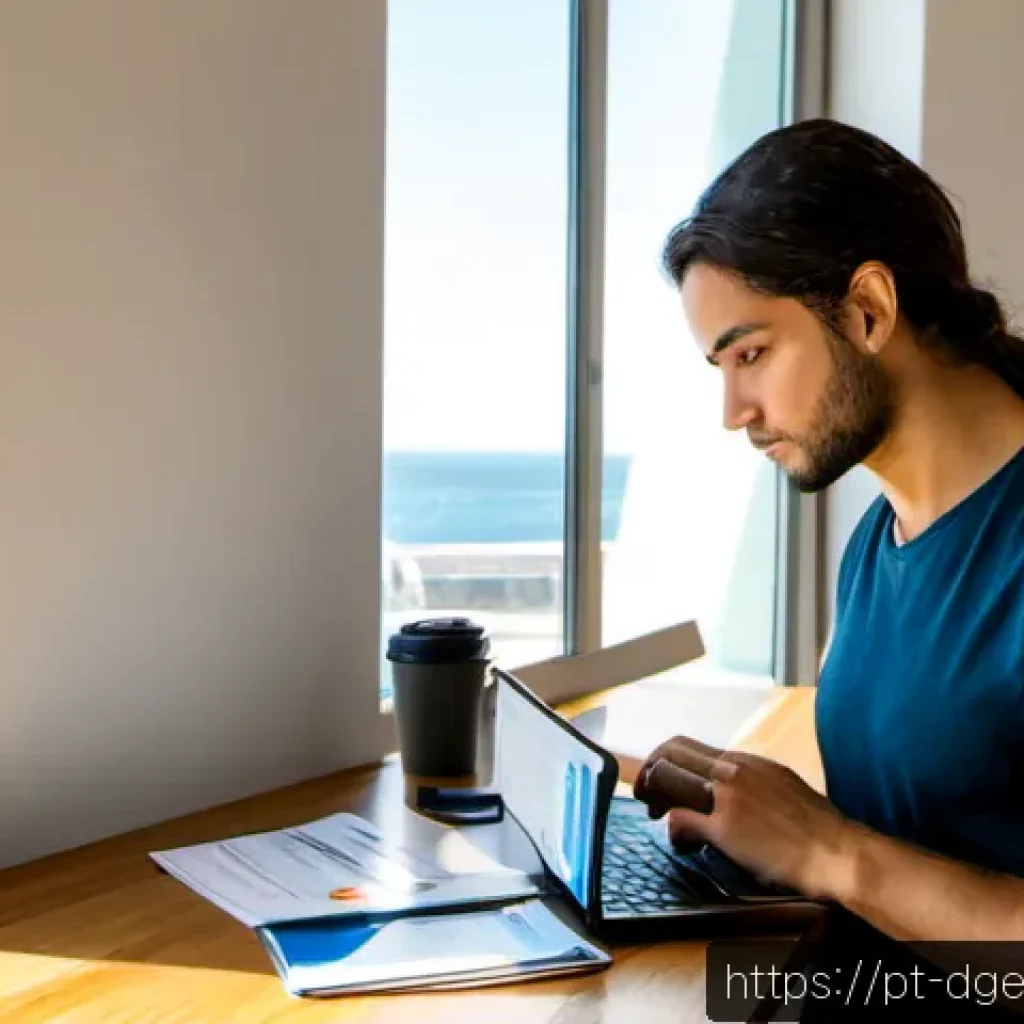 디지털 노마드가 알아야 할 법적 문제 - Photorealistic editorial scene of a Brazilian digital nomad in a bright Lisbon coworking space, revi...